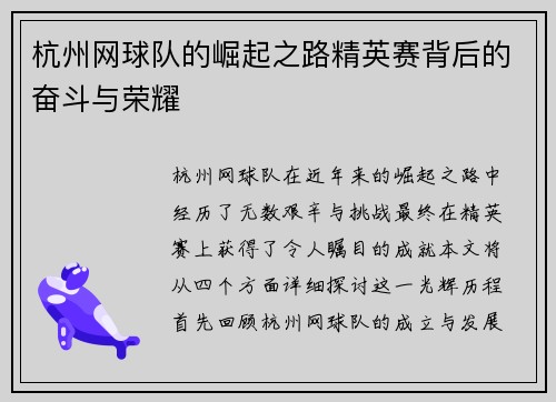 杭州网球队的崛起之路精英赛背后的奋斗与荣耀