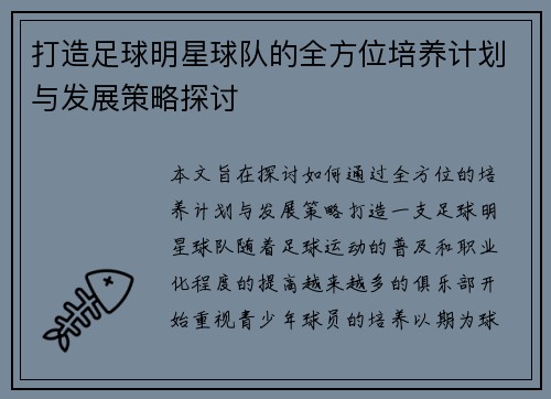 打造足球明星球队的全方位培养计划与发展策略探讨